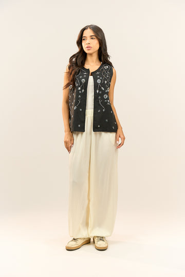 Black Floral Open Vest