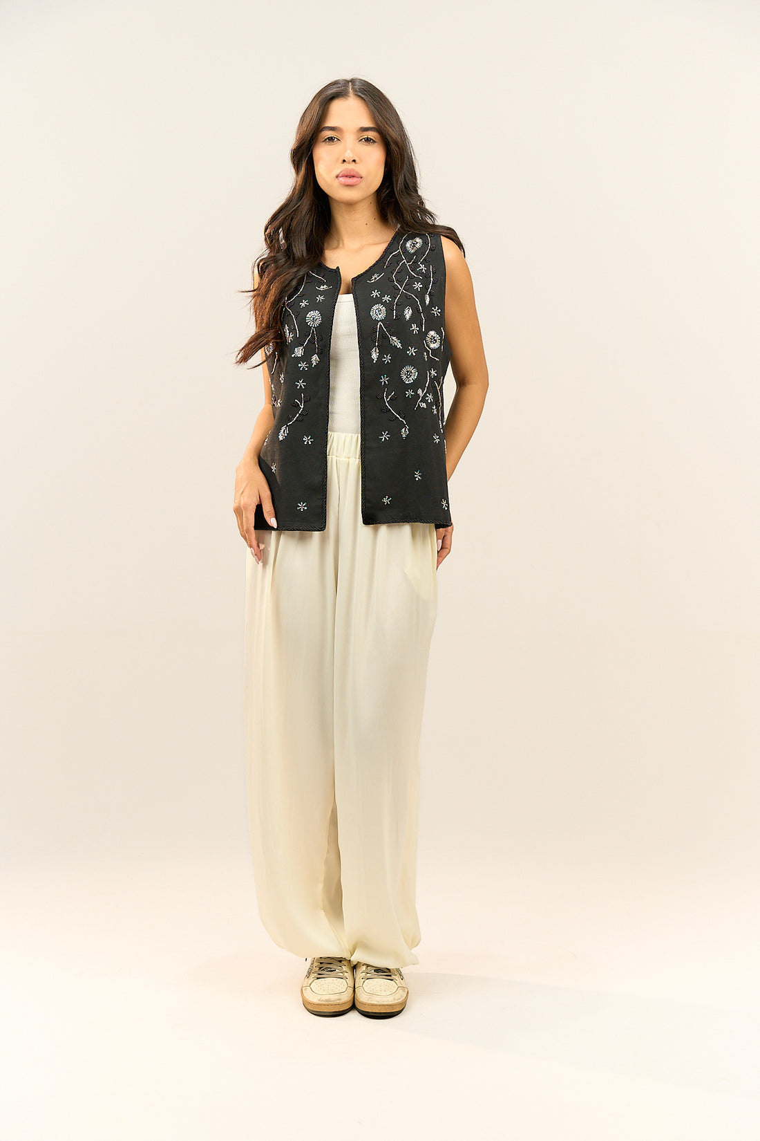 Black Floral Open Vest