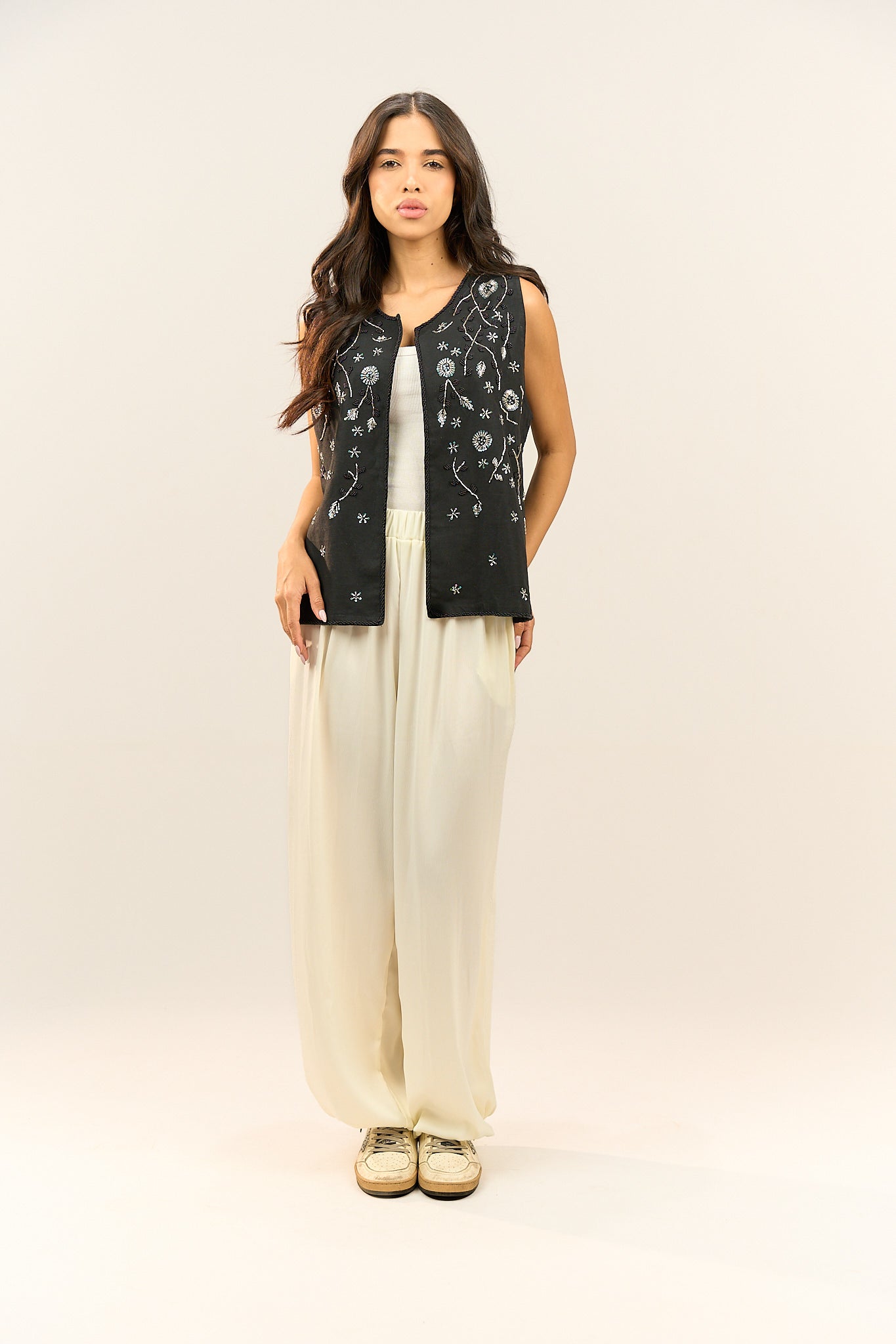 Black Floral Open Vest