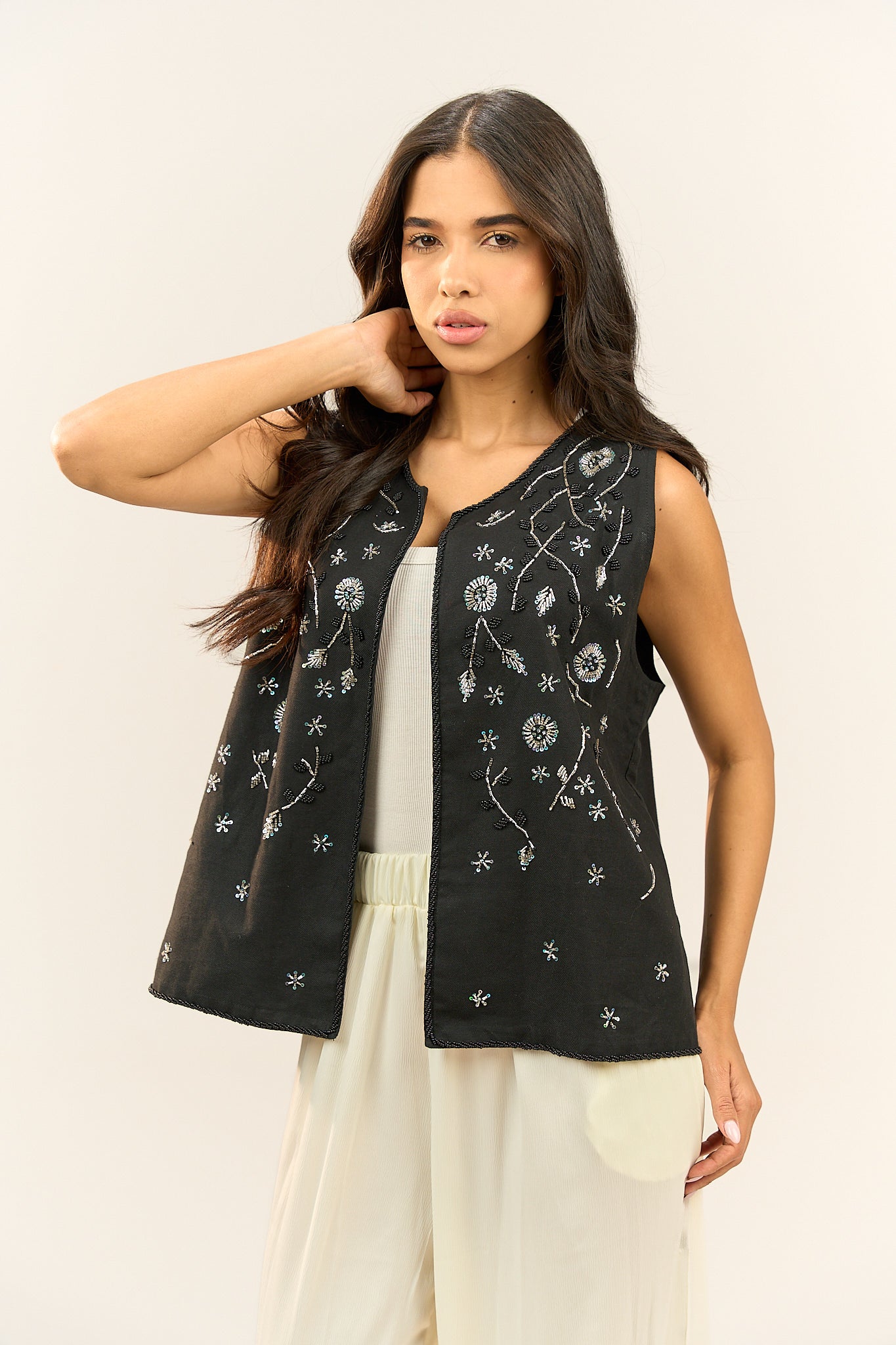 Black Floral Open Vest