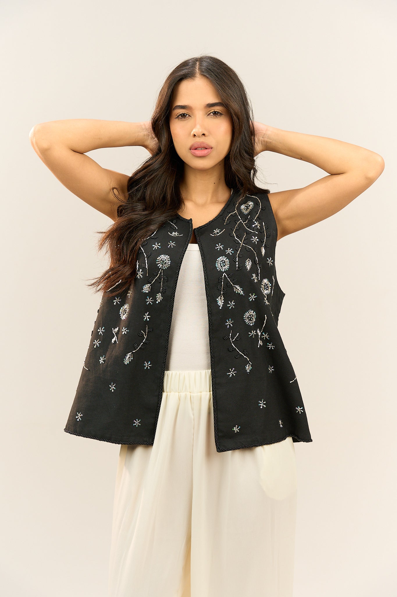 Black Floral Open Vest