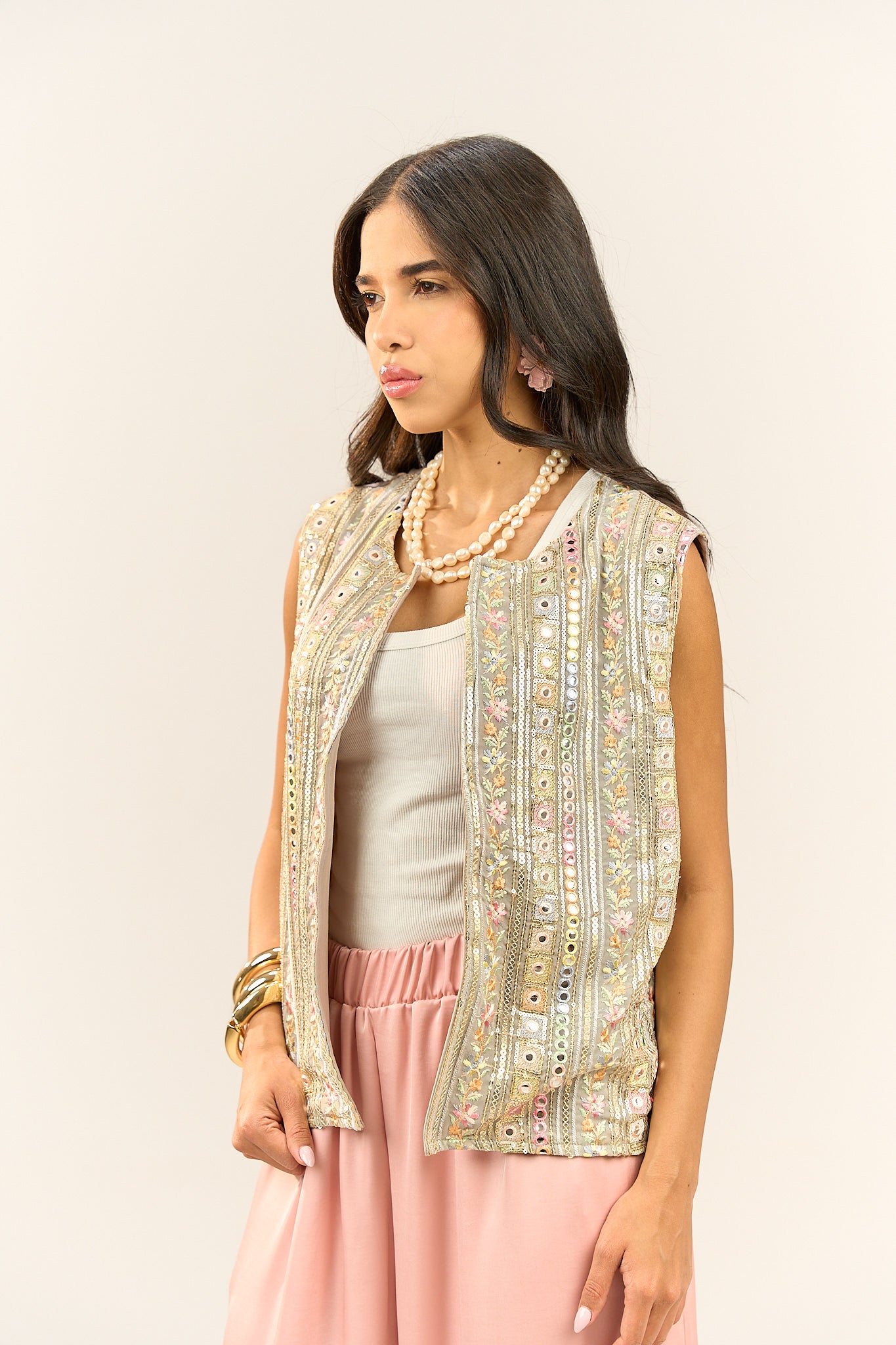 Beige Embroidered Vest