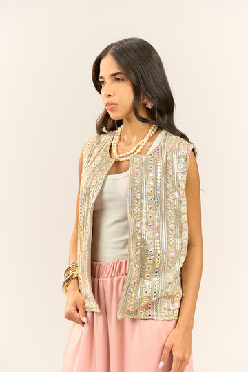Beige Embroidered Vest