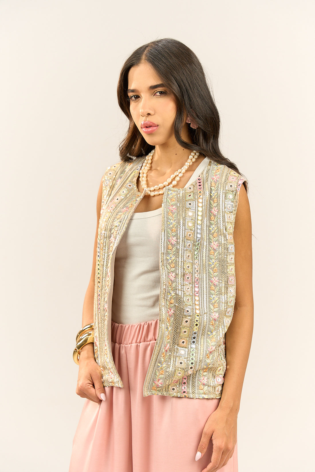 Beige Embroidered Vest