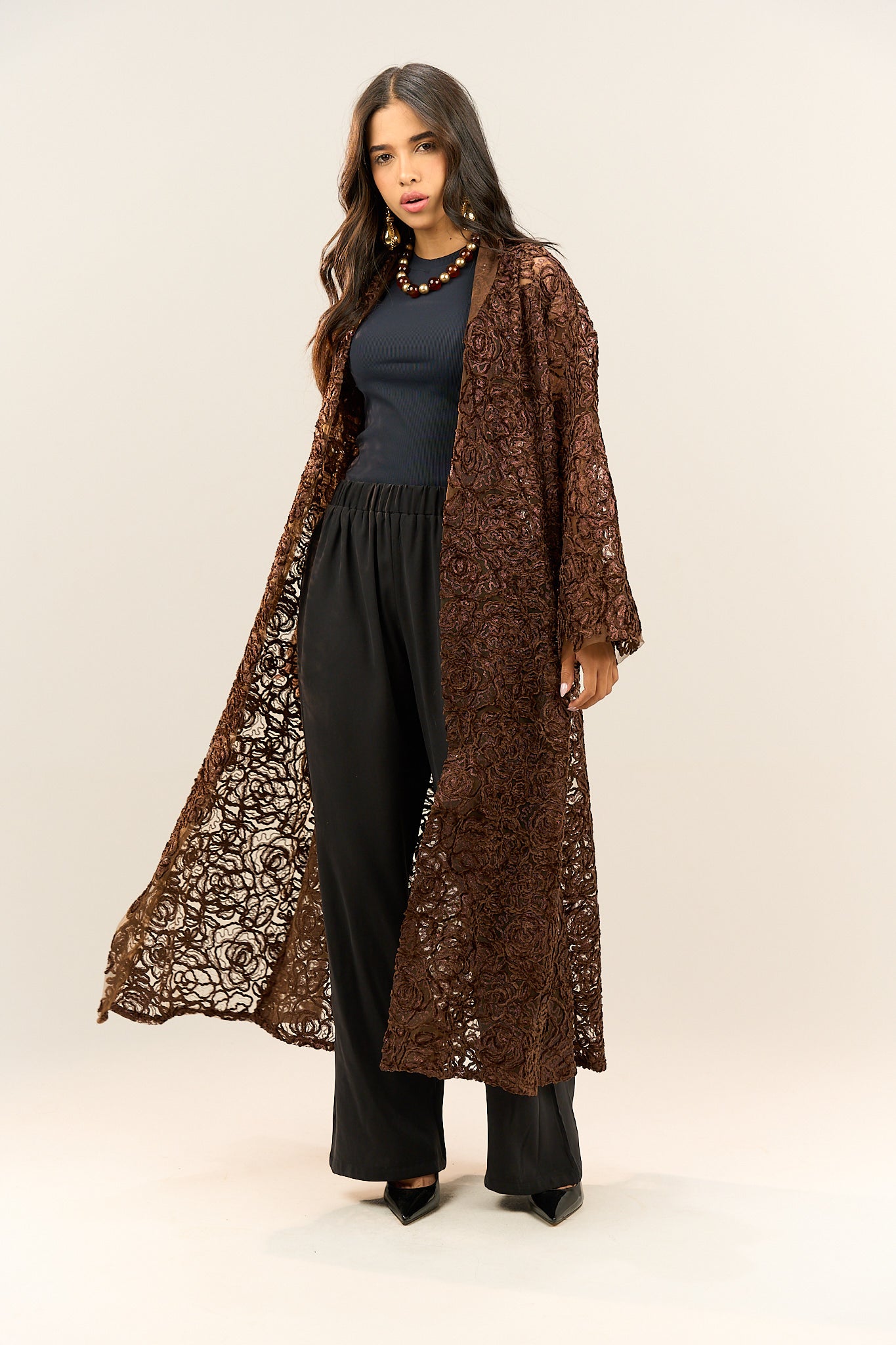 Brown Lace Long Cardigan