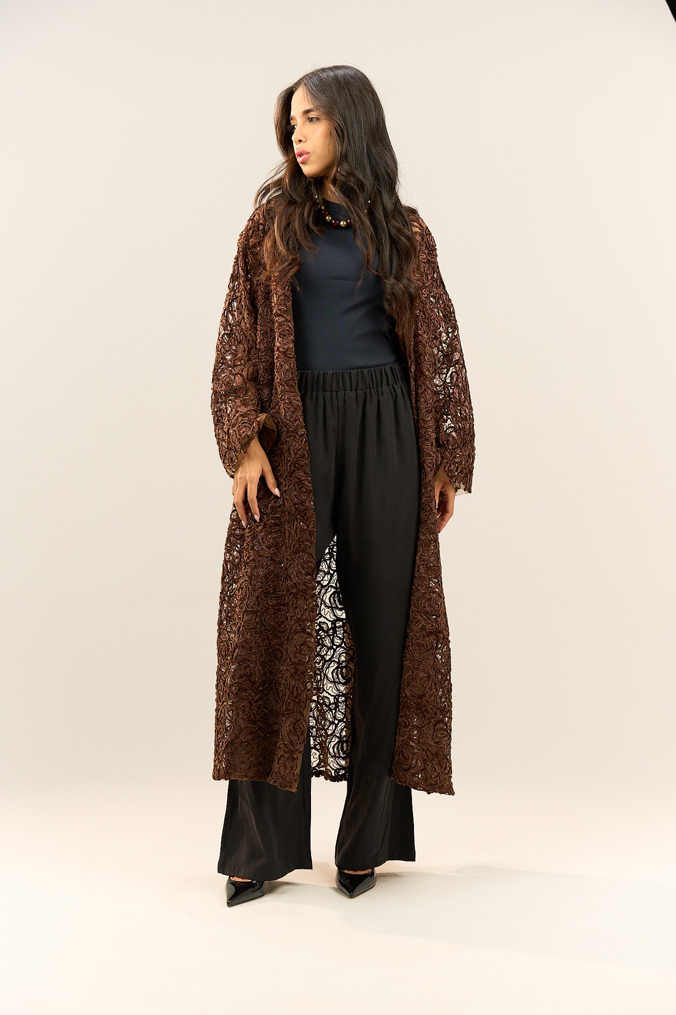 Brown Lace Long Cardigan