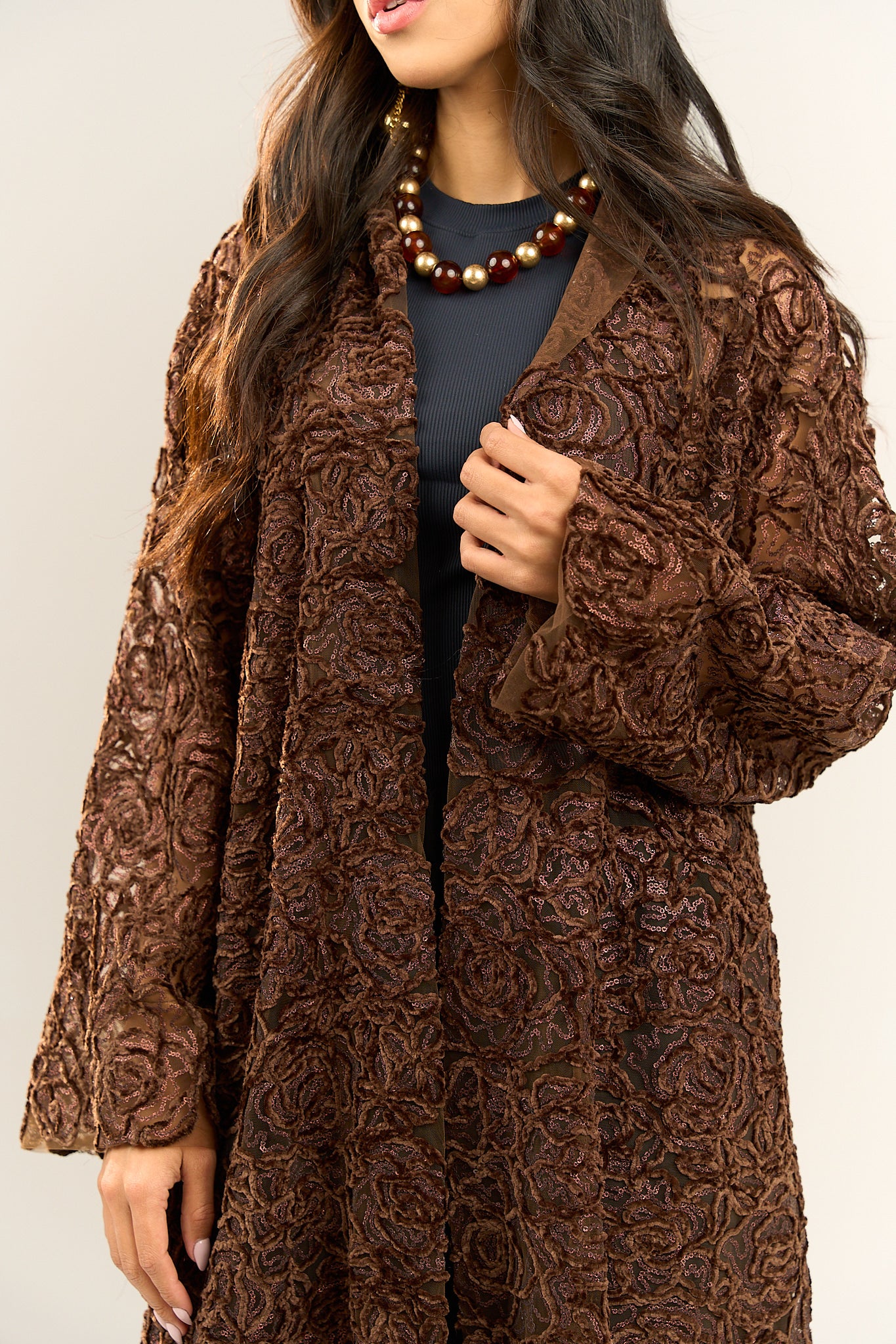 Brown Lace Long Cardigan
