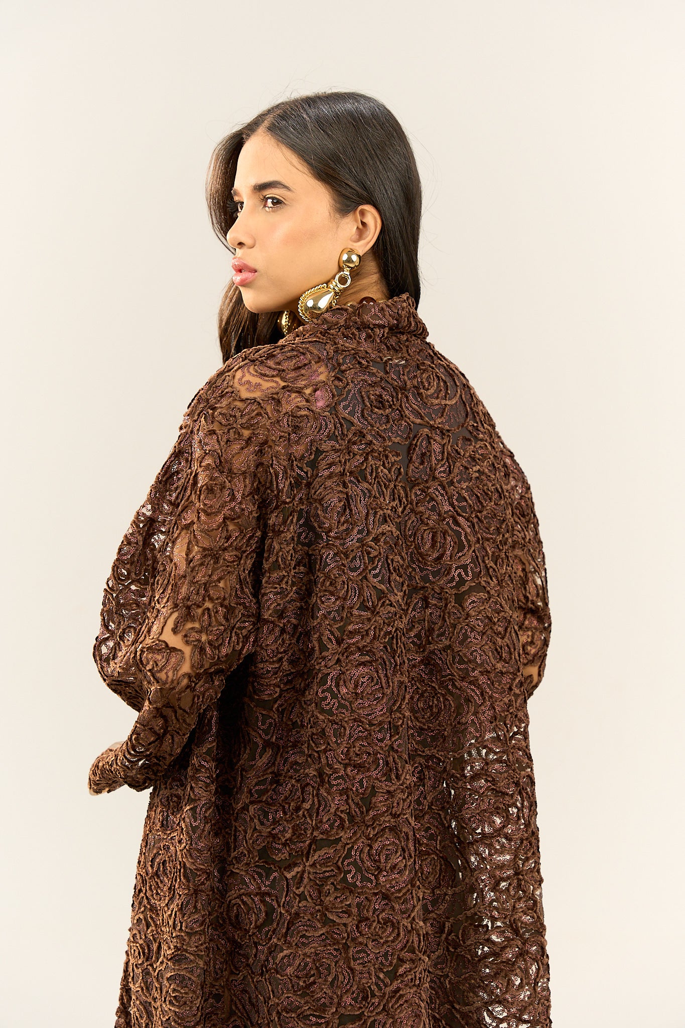 Brown Lace Long Cardigan