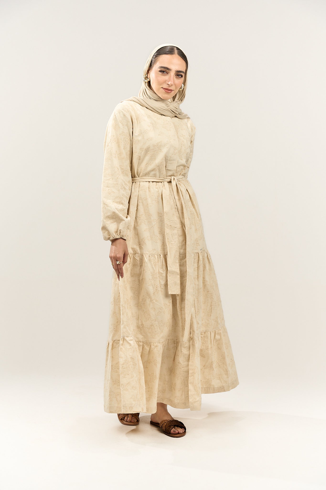 Beige Textured Modest Dress