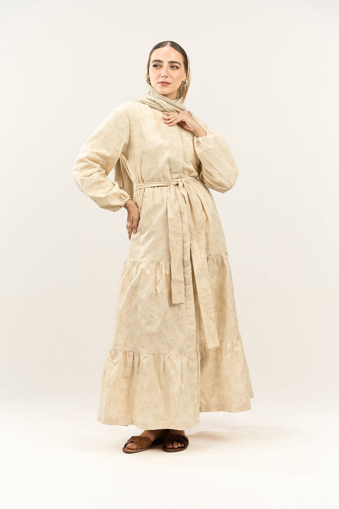 Beige Textured Modest Dress