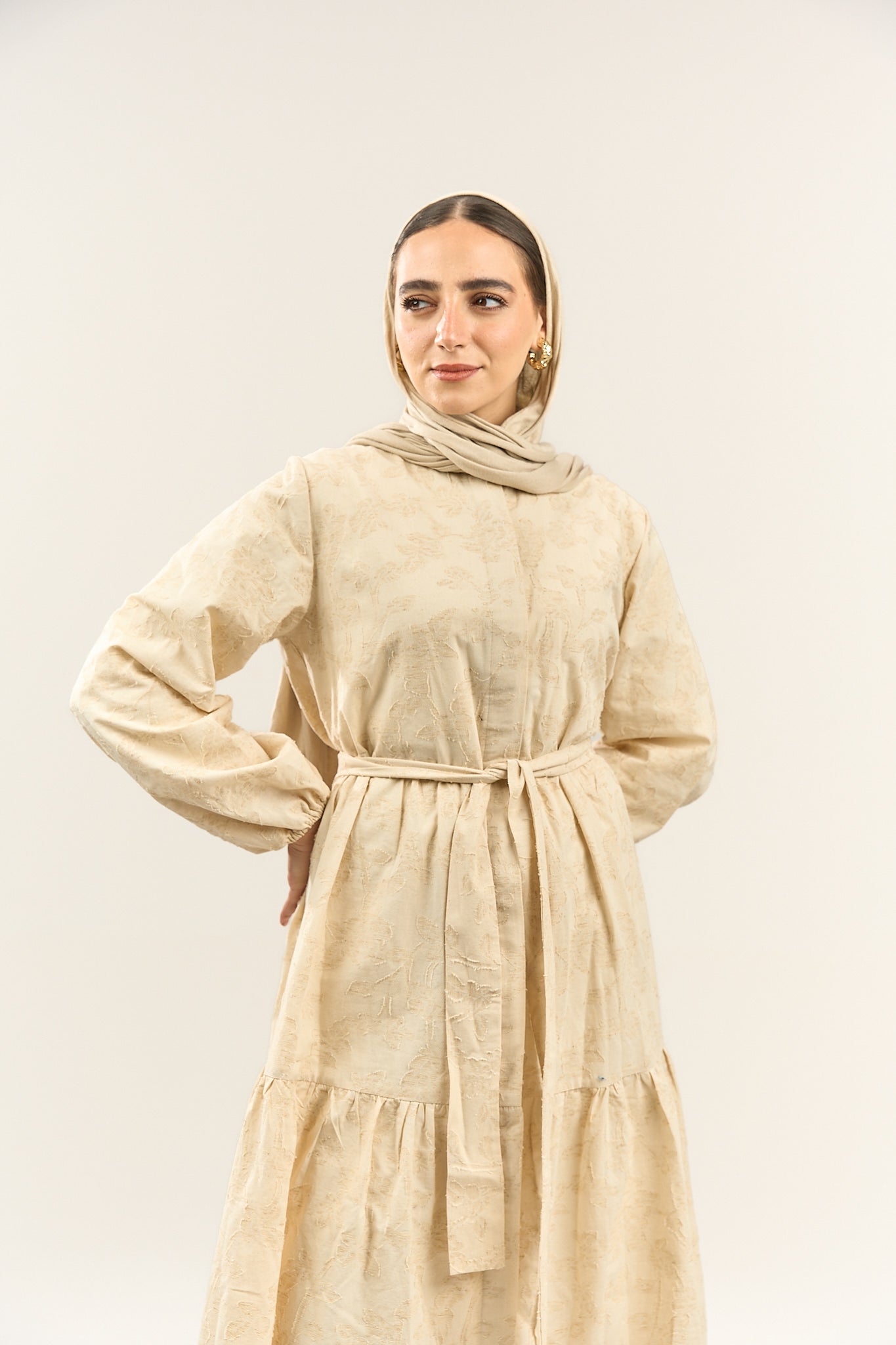 Beige Textured Modest Dress